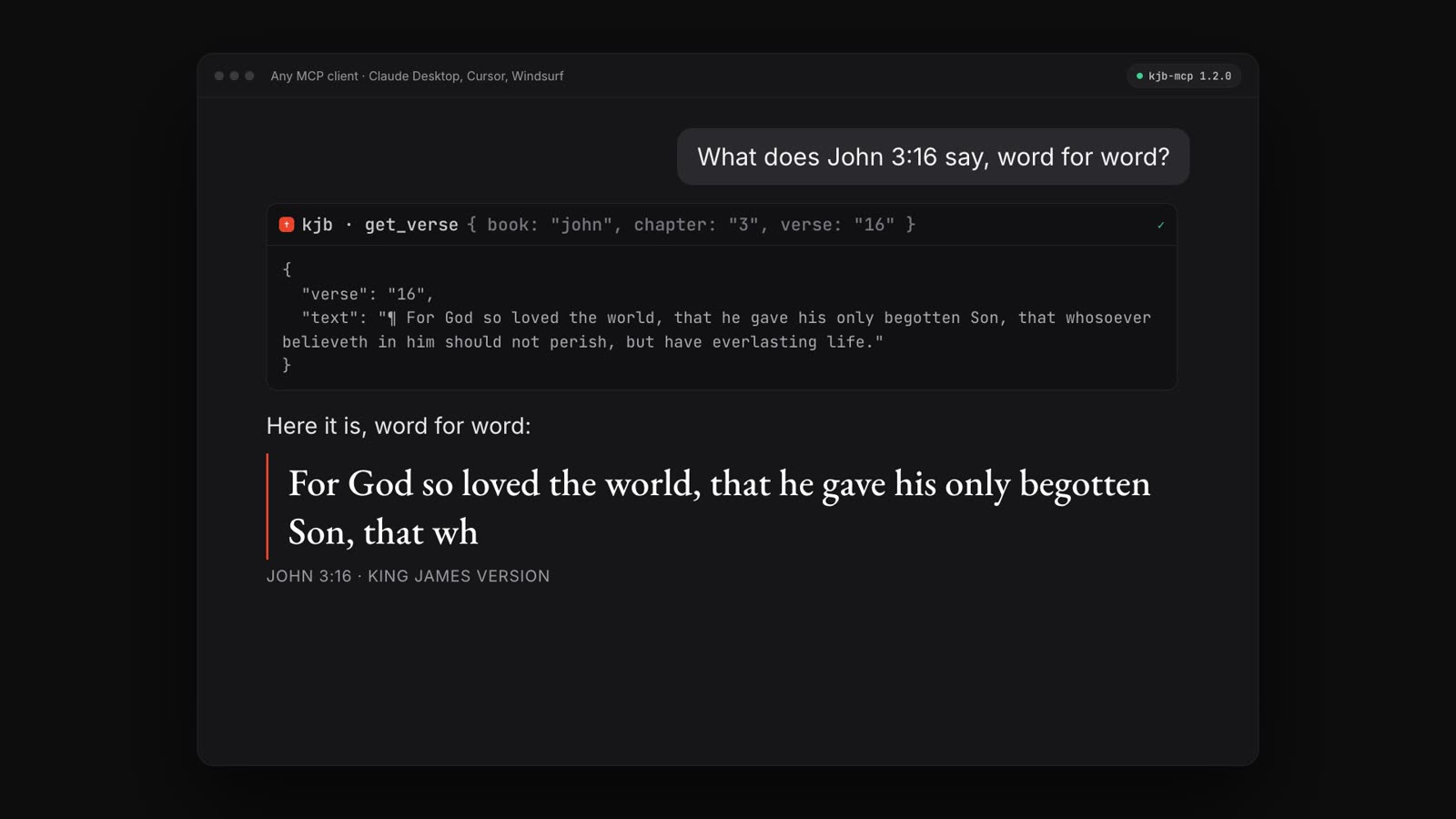 KJB MCP: Scripture for AI clients, straight from the text.