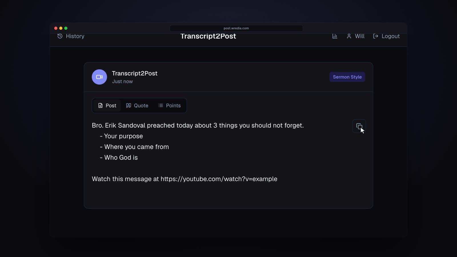 Transcript2Post: Paste a YouTube link. Get a finished post.